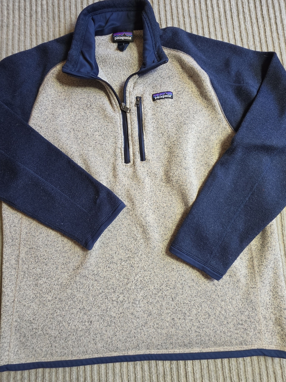 Patagonia Men's Better Sweater 1/4 Zip Size Large Navy Blue-beige EUC